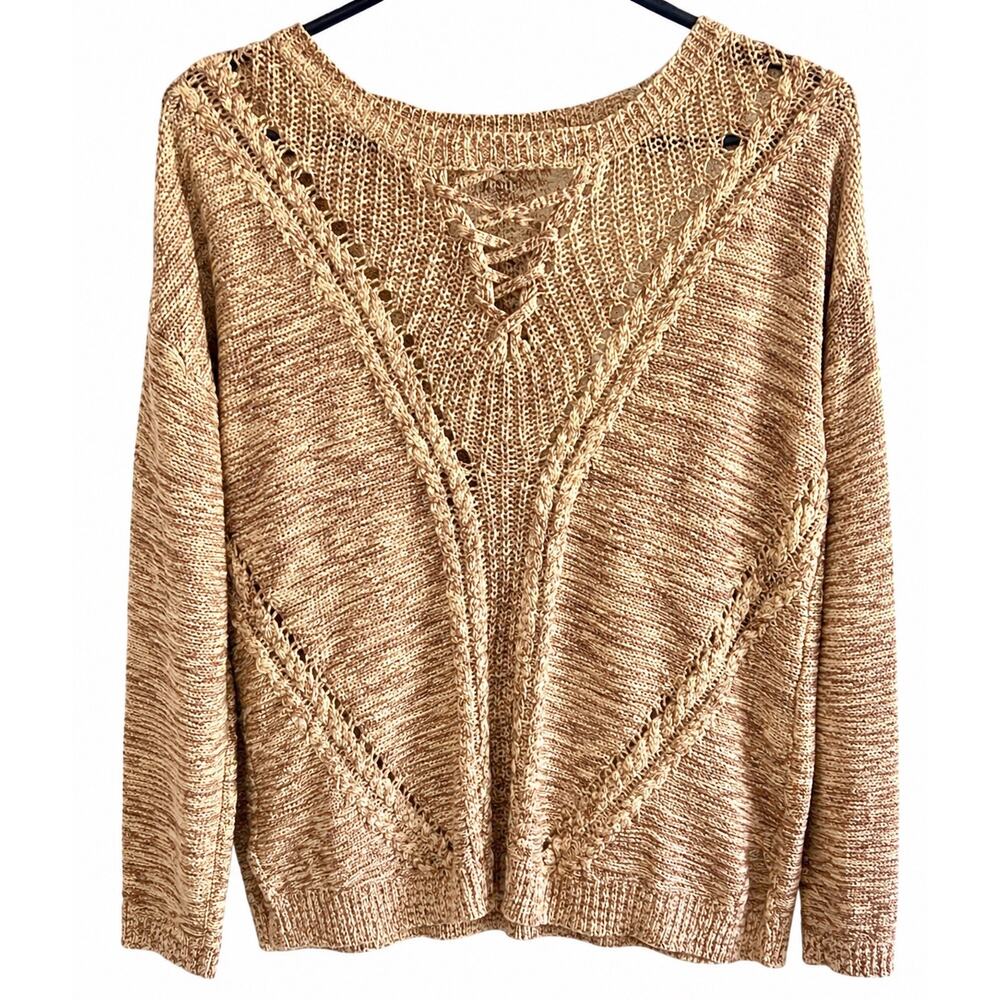 Jolt Brown Marled Lace Up Knit Sweater Medium Boho Pullover